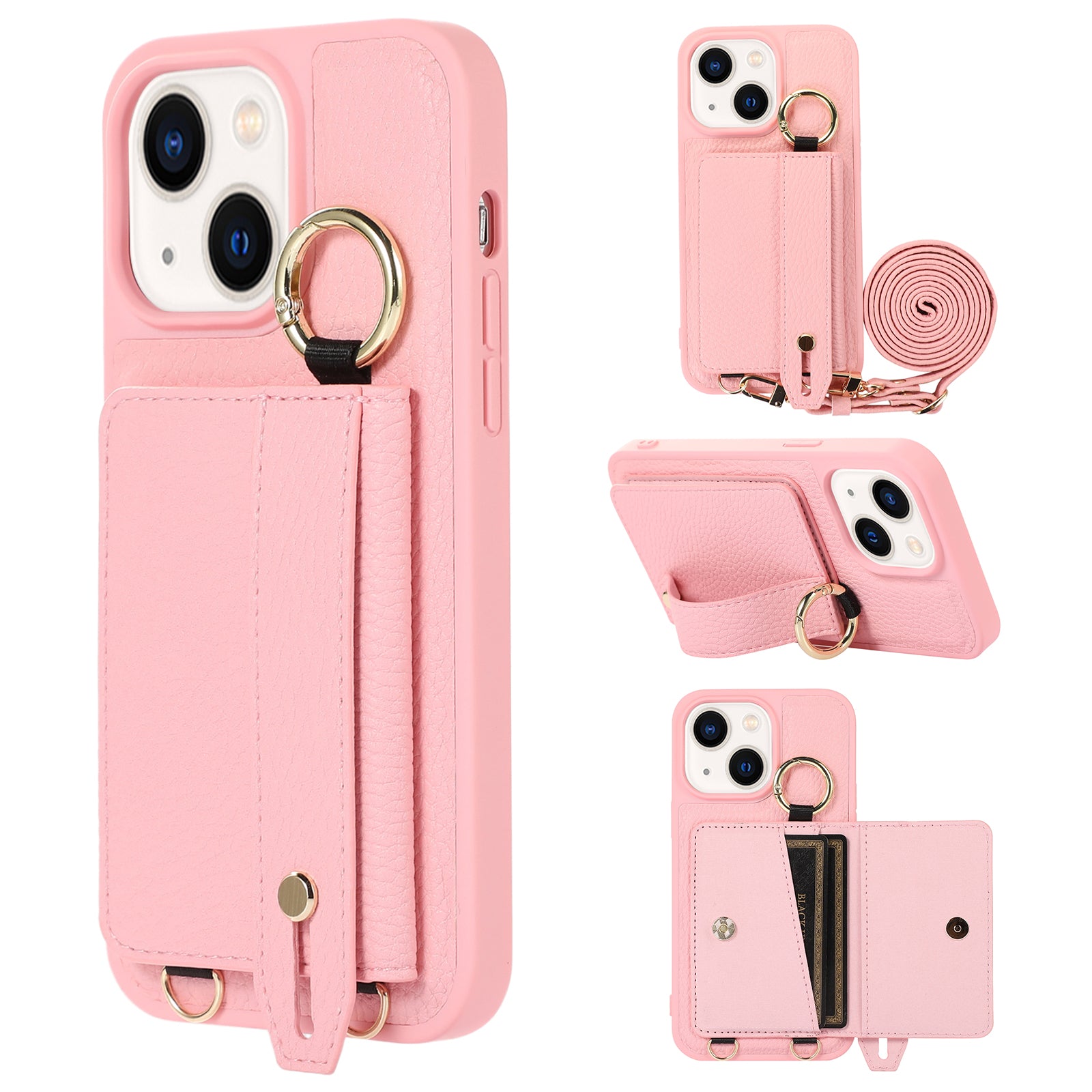 Anti-drop Cover for iPhone 14 Plus Card Holder Hand Strap Leather TPU Phone Kickstand Case with Shoulder Strap Anti-drop Cover for iPhone 14 Plus Card Holder Hand Strap Leather TPU Phone Kickstand Case with Shoulder Strap